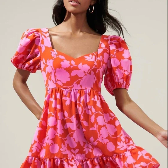 Sugarlips Pink and Cherry Red Puff Sleeve Floral Ruffle Hem Mini Dres - Picture 4 of 6